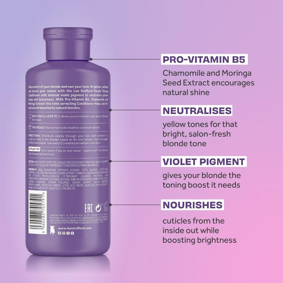 Lee Stafford Blue Toning Conditioner | Bleach Blonde Ice White - Corrects Brassy & Yellow Orange Tones to Silver Platinum, Great for Highlighted, Bleached, & Naturally Dark Hair, No Purple, 250 ml