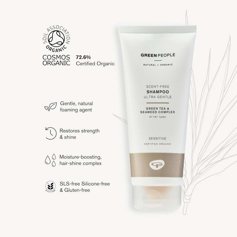 Green People Fragrance Free Shampoo - For Sensitive Scalps, Hypoallergenic - Green Tea & Seaweed - Silicone Free, Organic, Vegan - 200ml