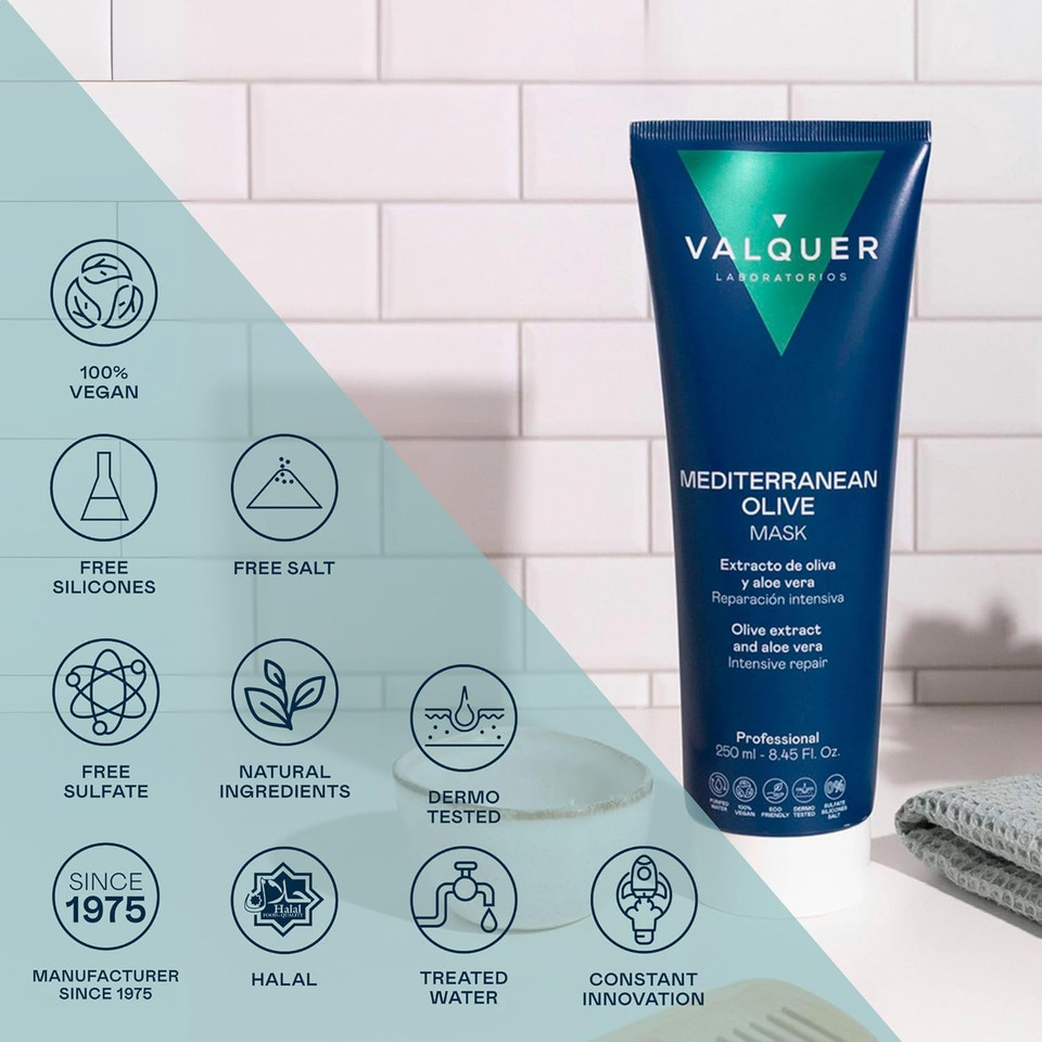 Valquer Mediterranean Olive Intensive Repairing, Moisturizing and Nourishing Hair Mask with Olive Extract, Panthenol and Aloe Vera for Damaged and Dry Hair. Natural Ingredients. 250 ml