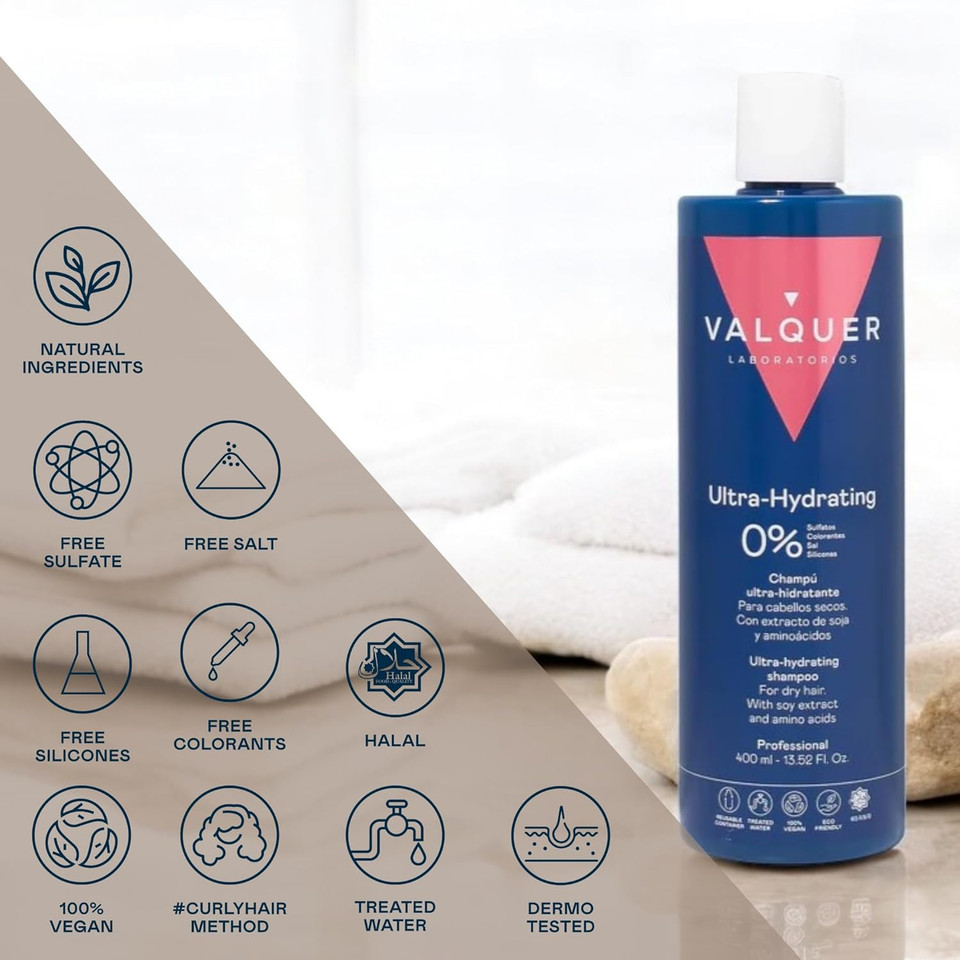Valquer Zero Formula Ultra Moisturizing Shampoo. Nourishes, Repairs and Softens Dry Hair, Providing Softness and Luminosity. With Soy Extract, Phytokeratin and Vitamin E. Vegan. 400 ml