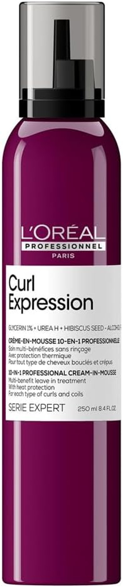 L'Oréal Professionnel Hair Mousse, With Heat Protection, For Curly & Coily Hair, 10-in-1 Multi-Benefit, With Glycerin, Urea H and Hibiscus Seed Extract, Serie Expert Curl Expression, 250 ml