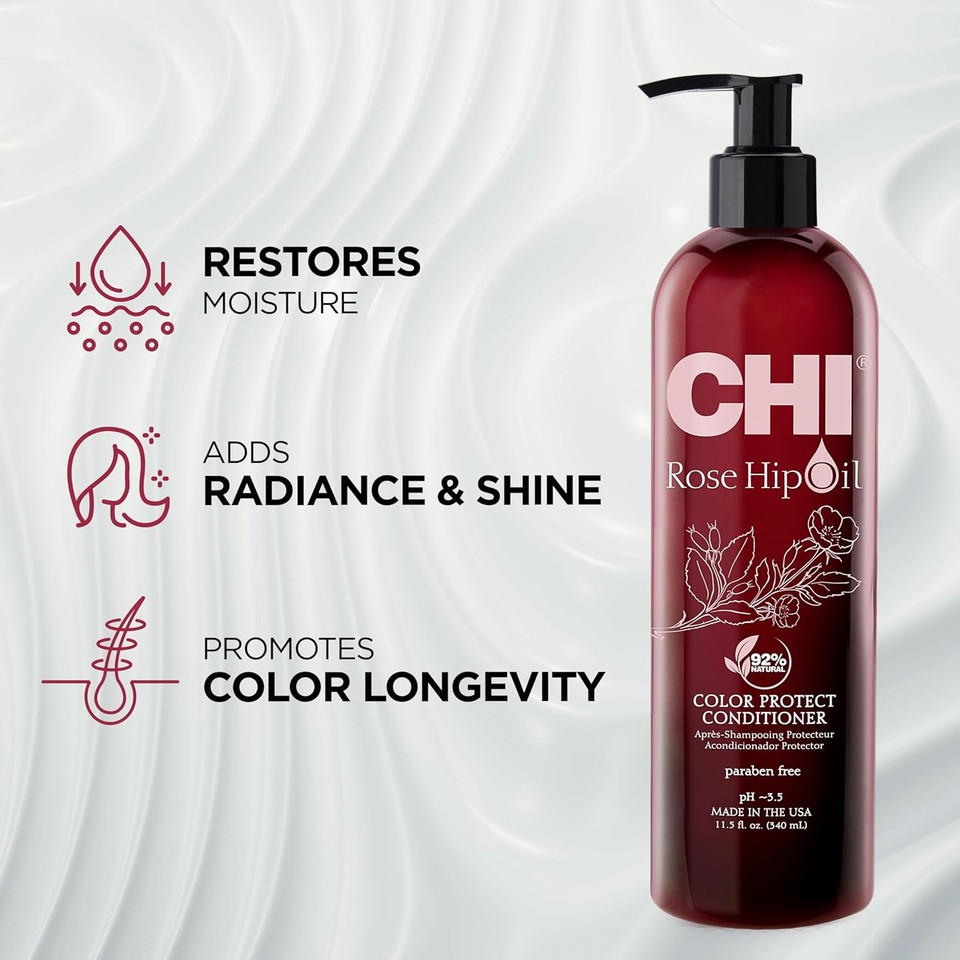 CHI Rosehip Oil, Colour Protecting Conditioner for Coloured Hair | Moisturizing longer lasting haircolor protector | Shiny hair | Sulfate Free | 92% Natural Ingredients, Paraben Free, 340 ml