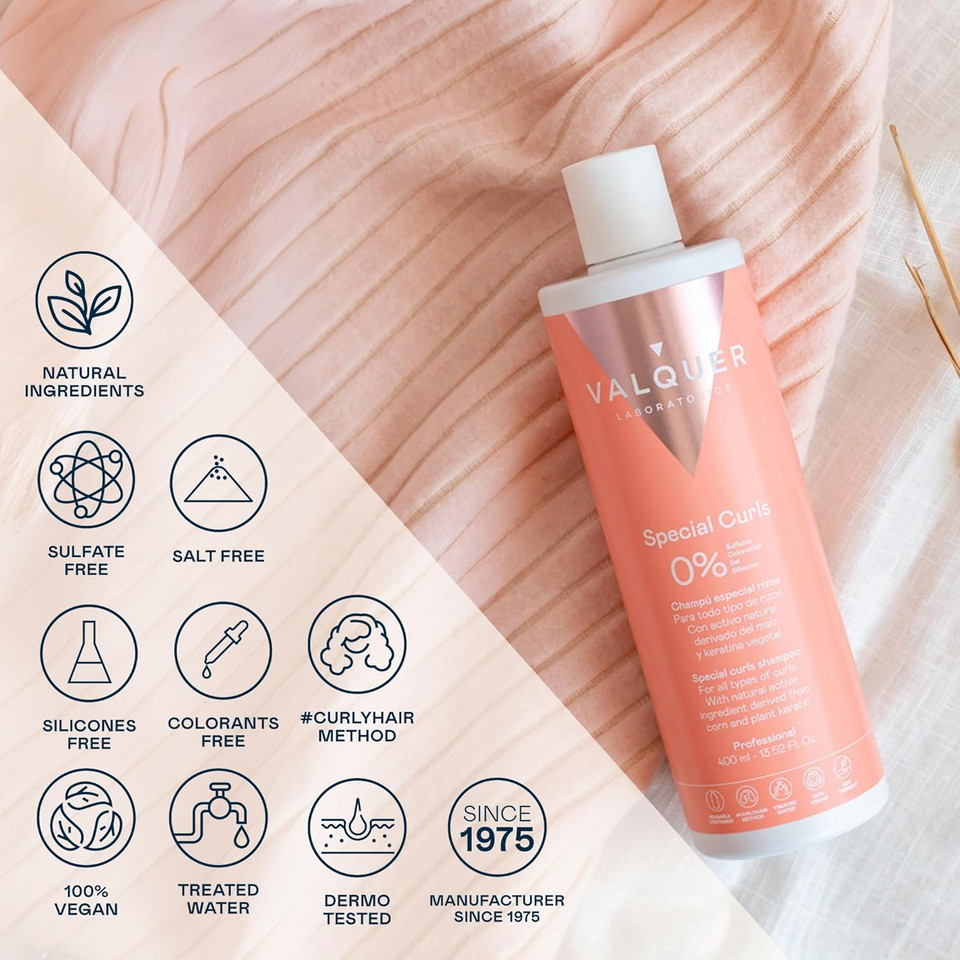 Valquer Professional Special Curl Shampoo for Curly Hair. Sulfate Free, Salt Free, Vegan - Up to 96% Natural Origin (400ml)