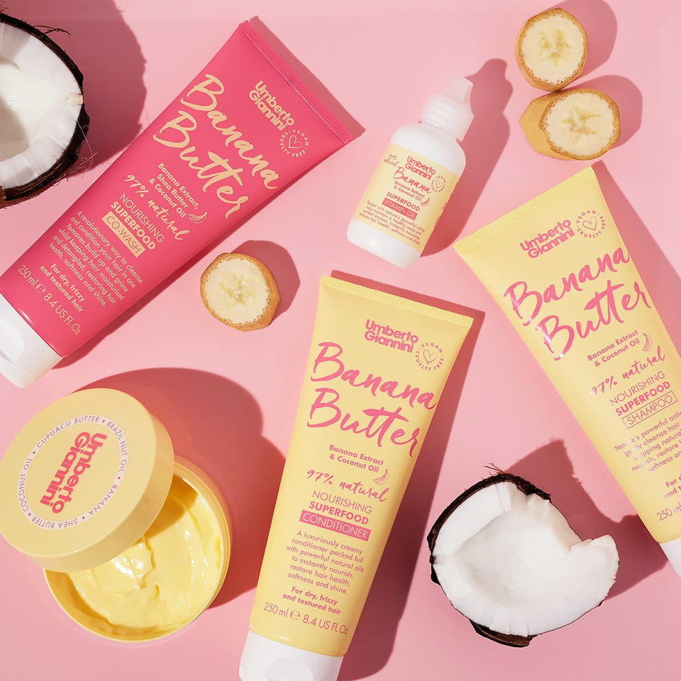 Umberto Giannini Coily Banana Butter Vegan Leave-in Conditioner 200ml & Banana Coconut Detangler 250ml - Leave in Conditioning Spray & Cream Duo