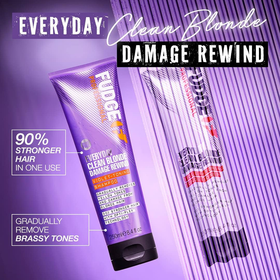 Fudge Professional Everyday Clean Blonde Damage Rewind Haircare Duo, Daily Purple Toning Routine, Shampoo and Conditioner Set for Blonde Hair, 2 x 250 ml