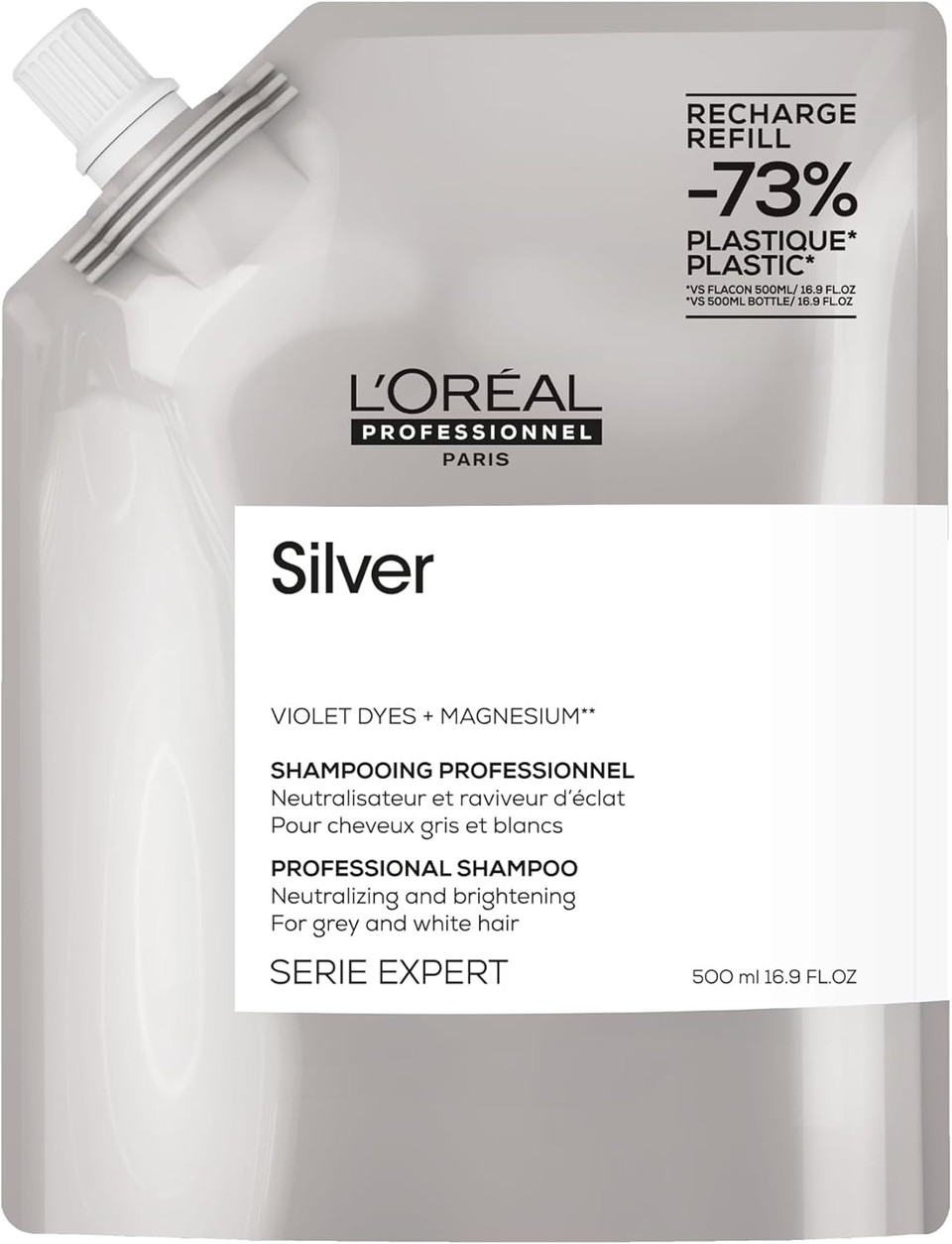 LOréal Professionnel Silver Shampoo For Grey, White Or Light Blonde Hair, Neutralising and Brightening, Serie Expert, 500ml Refill
