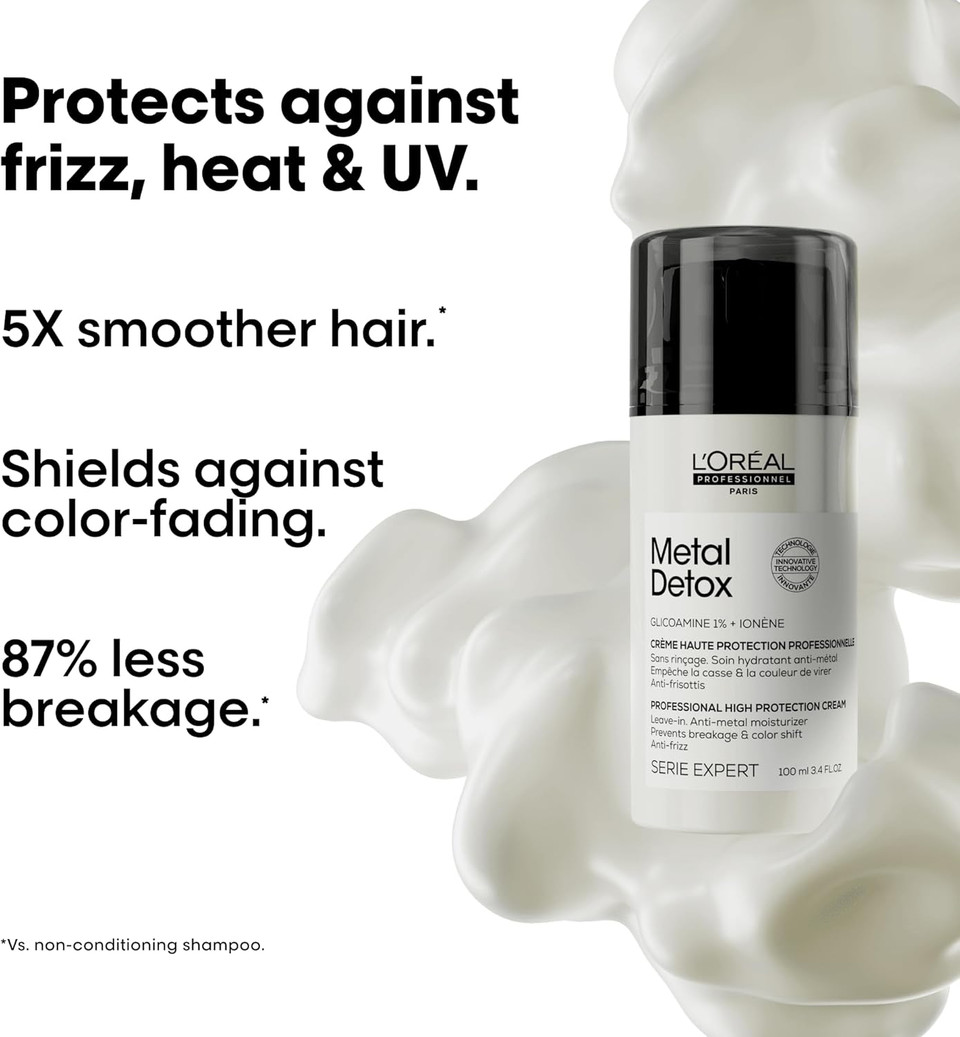 L'Oréal Professionnel Metal Detox Anti-Metal High Protection Cream, Leave-In Treatment for Damaged Hair, Hydrates, Helps Preserve Colour, Serie Expert, 100 ml, 2.0 grams, 100.0 milliliters, Pack of 1