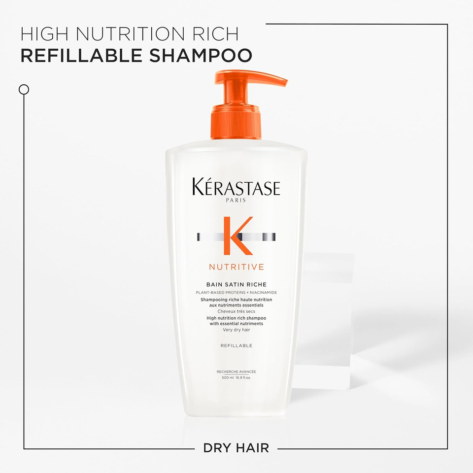 Kérastase Nutritive, Gentle Hydrating Shampoo for Dry Hair, Nourishing Protein Formula with Niacinamide, Moisturises, Softens and Restores Shine, Bain Satin