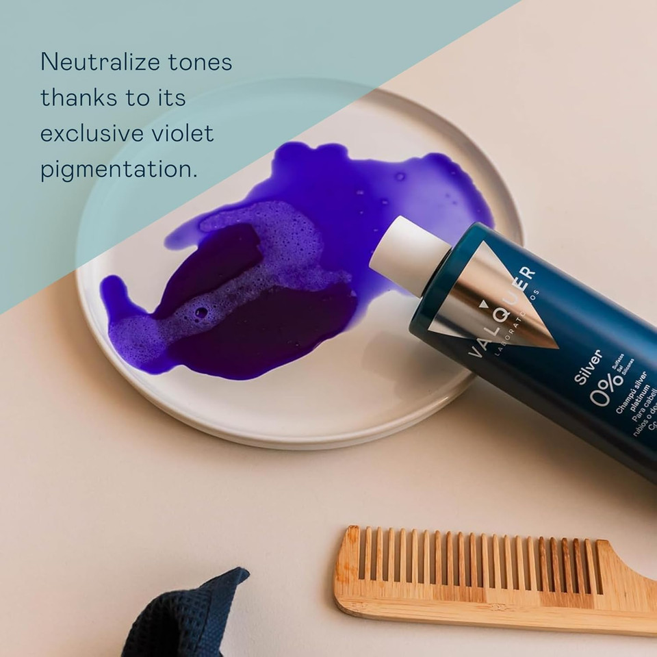Valquer Silver Platinum Zero Toning Shampoo for Blonde or Bleached Hair. Maintains color, cleanses, nourishes, and tones yellow or orange tones with malakite, vitamin E, and panthenol. 400 ml