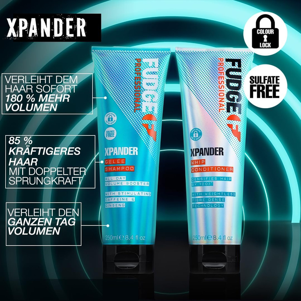 Fudge Professional Xpander Volumizing Shampoo, 180 Percent Denser Hair, for Fine, Flat Hair, Colour-Lock and Bond Repair Technology, 250 ml (Pack of 2)