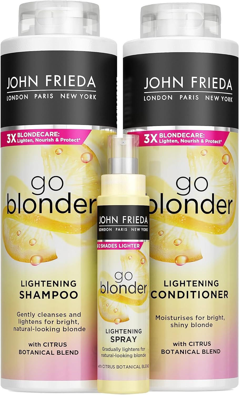 John Frieda Go Blonder Lightening Shampoo & Conditioner & Controlled Lightening Spray: for Blonde Hair, 2x500 ml, 1x100ml