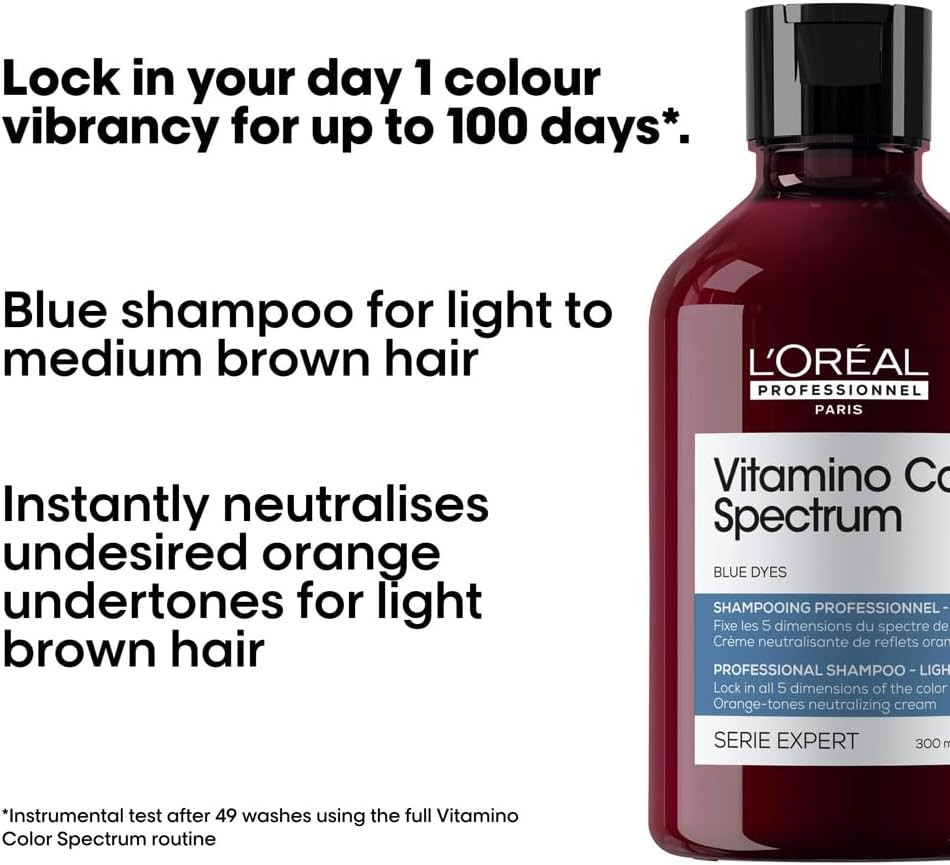 L'Oréal Professionnel Vitamino Color Spectrum Blue Tinted Shampoo 300ml, For Light Brown Coloured Hair, With Ferulic Acid + Citric Acid, Neutralise Undesired Orange Undertones