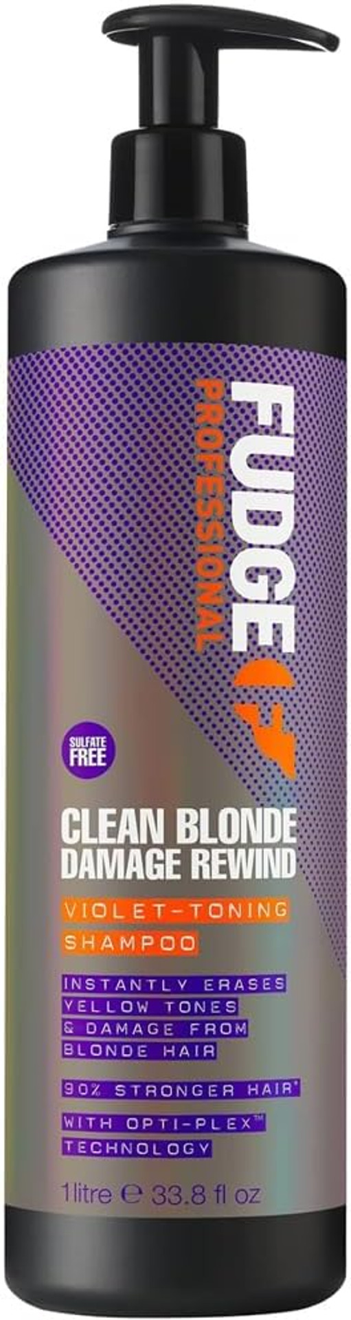 Fudge Professional Clean Blonde Damage Rewind Shampoo, Bulk Size, Intense Purple Toning for Blonde hair, Bond Repair Technology, Sulfate Free, 1 Litre