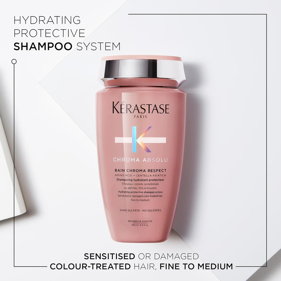 Kérastase Chroma Absolu, Hydrating and Protective Shampoo, Sensitised or Damaged Color-Treated Hair, Fine To Medium, With Glycerin, Amino Acid and Hyaluronic Acid, Bain Chroma Respect