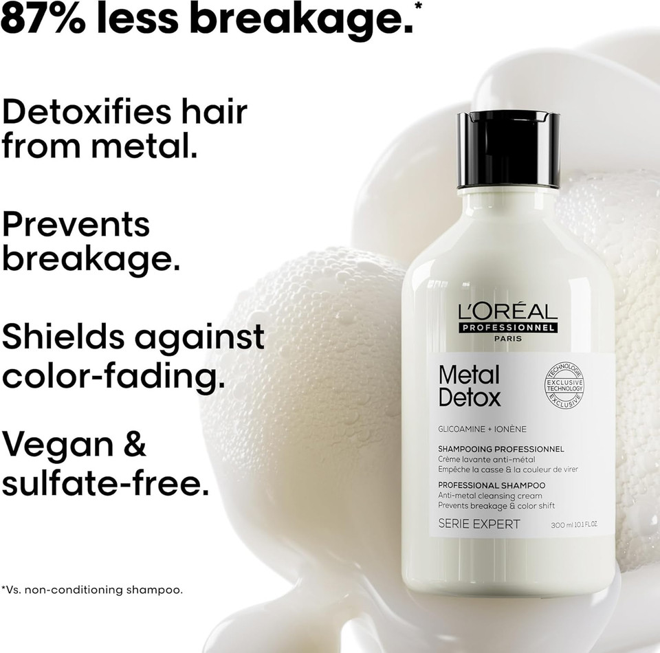LOréal Professionnel Metal Detox Shampoo, Prevent Breakage & Colour Fade from hard water, Prevent Damaged Hair, Sulphate-Free & Vegan, Refill