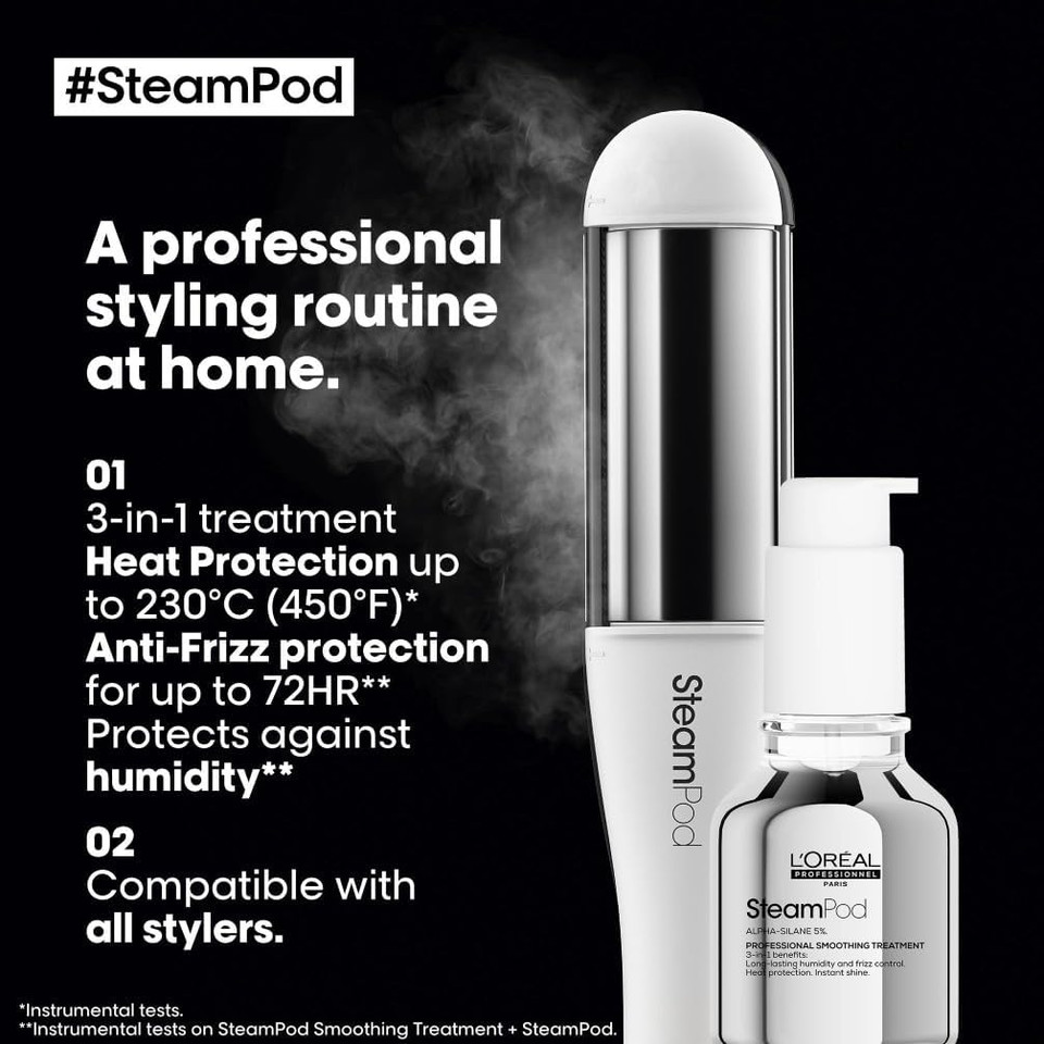 LOreal Professionnel, 3-In-1 Smoothing Treatment, Up to 72hr Frizz Control, Heat Protection, Shine, Steampod, For All Hair Types, 50 ml