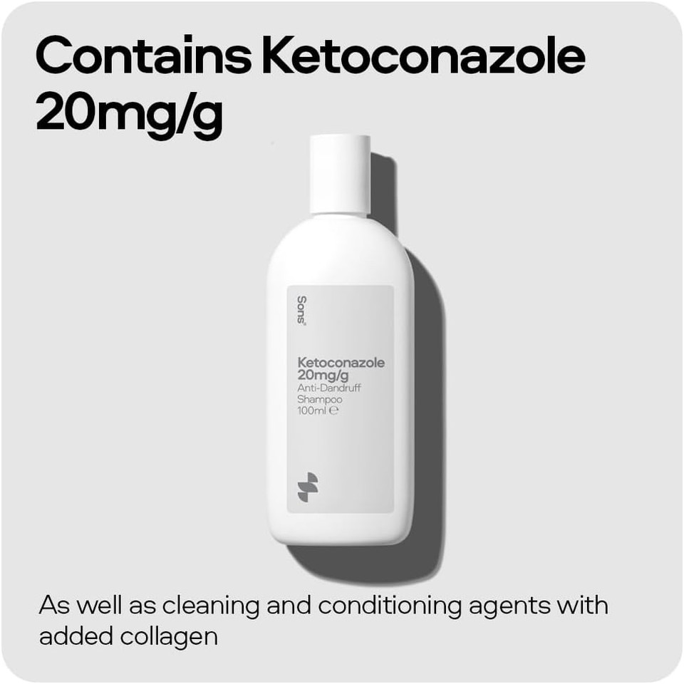 Sons Ketoconazole 20mg/g Shampoo For Dandruff. Treats & Prevents Seborrheic Dermatitis, Scalp Psoriasis, Tinea Infections. Antifungal Formula. 100ml. 3 month Supply. Made in Europe