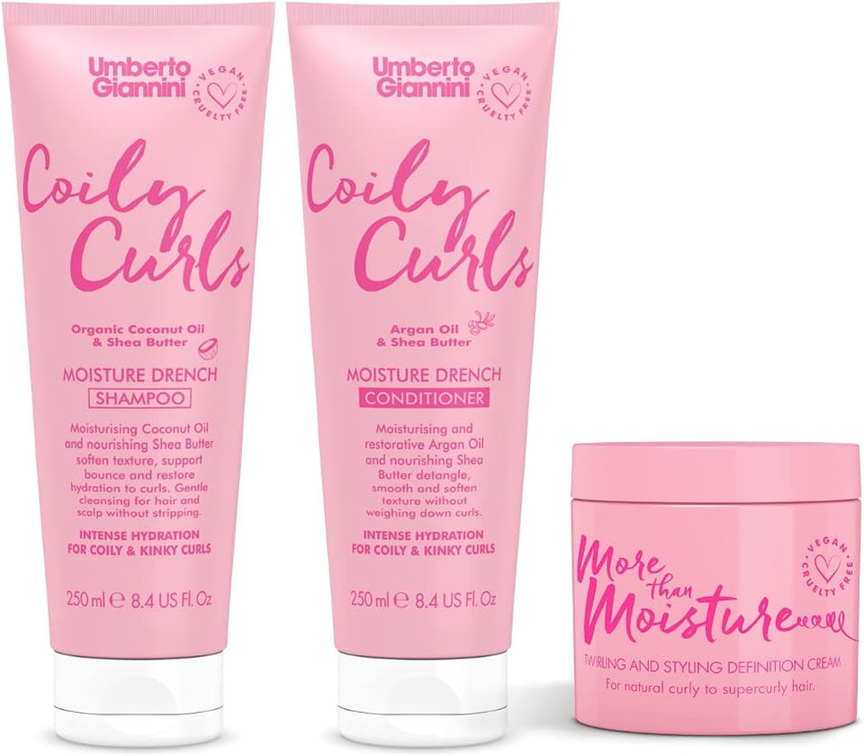 Umberto Giannini Coily Curls Shampoo, Conditioner and Styling Cream Set - Vegan & Cruelty Free Moisturising Shampoo, Conditioner Bundle with More than Moisture Hydrating Curl Cream for Curly Hair