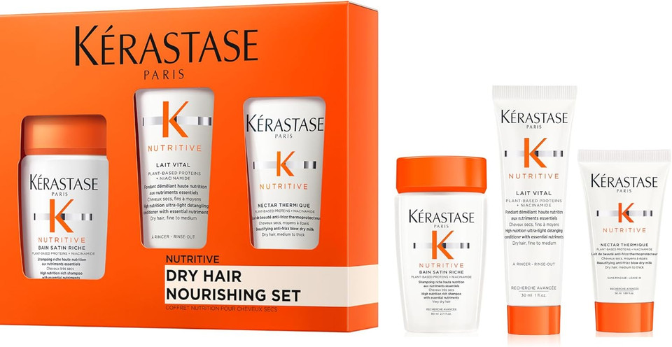 Kérastase Nutritive Travel-Size Discovery Gift Set, Hydrating Shampoo, Conditioner and Blow Dry Milk, Richly Nourishing Routine For Dry Hair, Protein Enriched Formula with Niacinamide