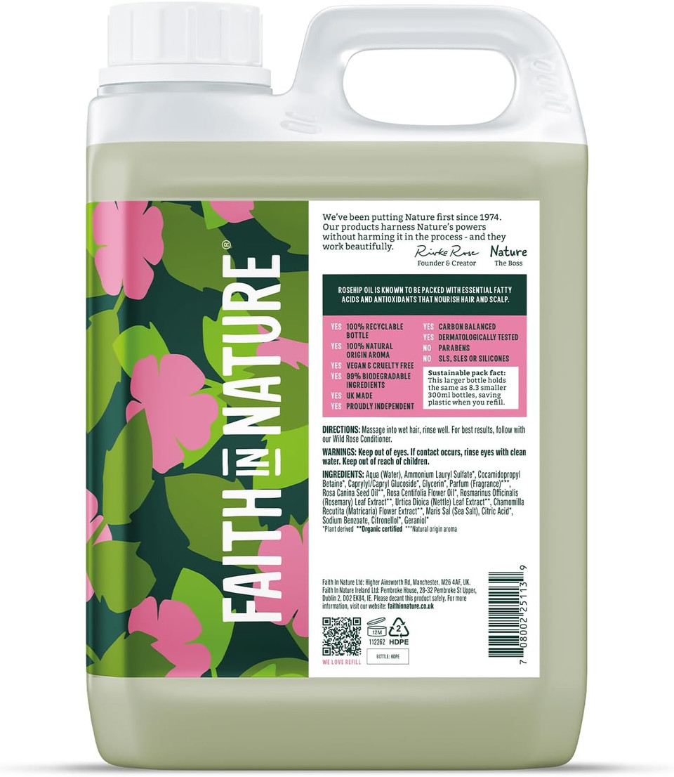Faith In Nature Natural Wild Rose Shampoo, Nourishing for Normal Hair & Scalp, Vegan & Cruelty Free, No SLS, Silicones or Parabens, 2.5L Refill