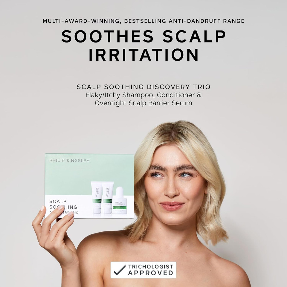 Philip Kingsley Scalp Soothing Discovery Trio - Flaky/Itchy Scalp Anti-Dandruff Shampoo and Conditioner and Overnight Scalp Barrier Serum for Women and Men, Cleansing and Nourishing Products