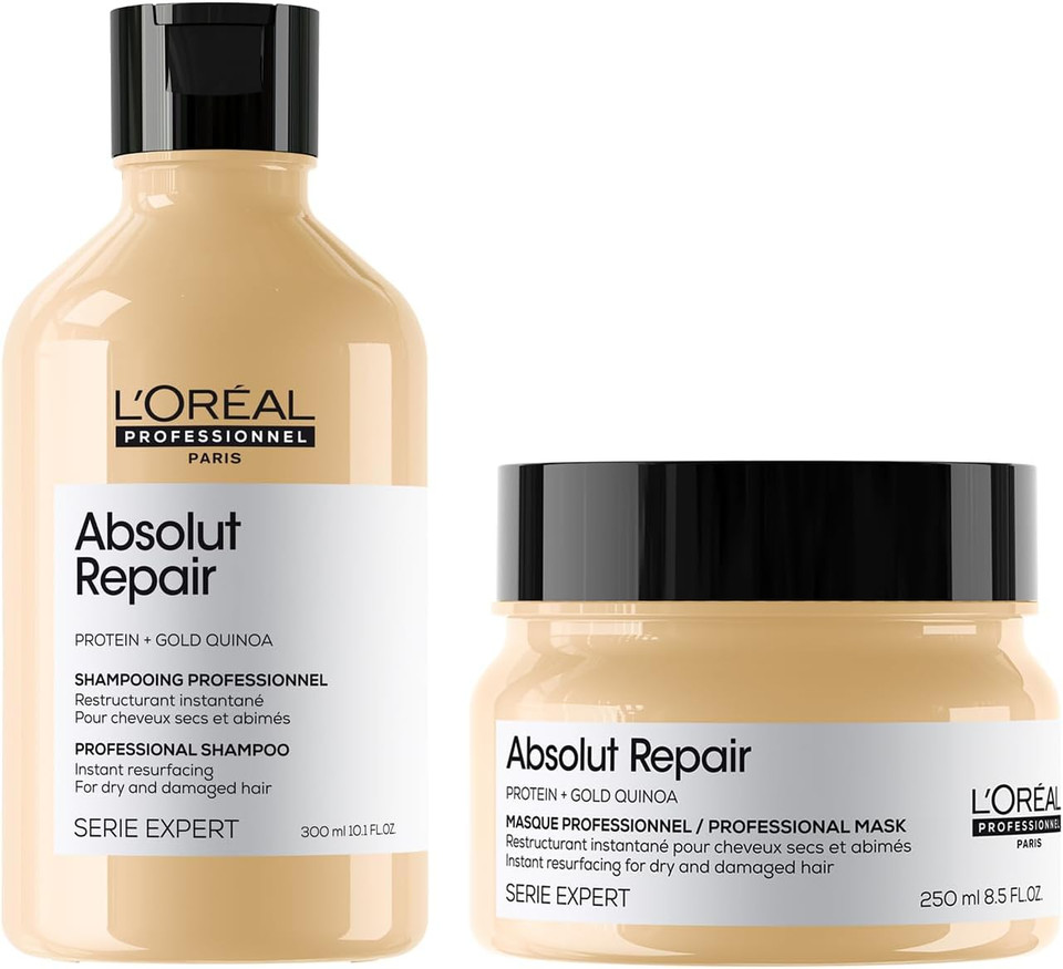 L'Oréal Professionnel Serie Expert Absolut Repair Shampoo and Hair Mask Set, Repairs and Hydrates Dry and Damaged Hair, 300 ml and 250 ml L'Oréal Professionnel Serie Expert Absolut Repair Shampoo and Hair Mask Set, Repairs and Hydrates Dry and Damaged Hair, 300 ml and 250 ml