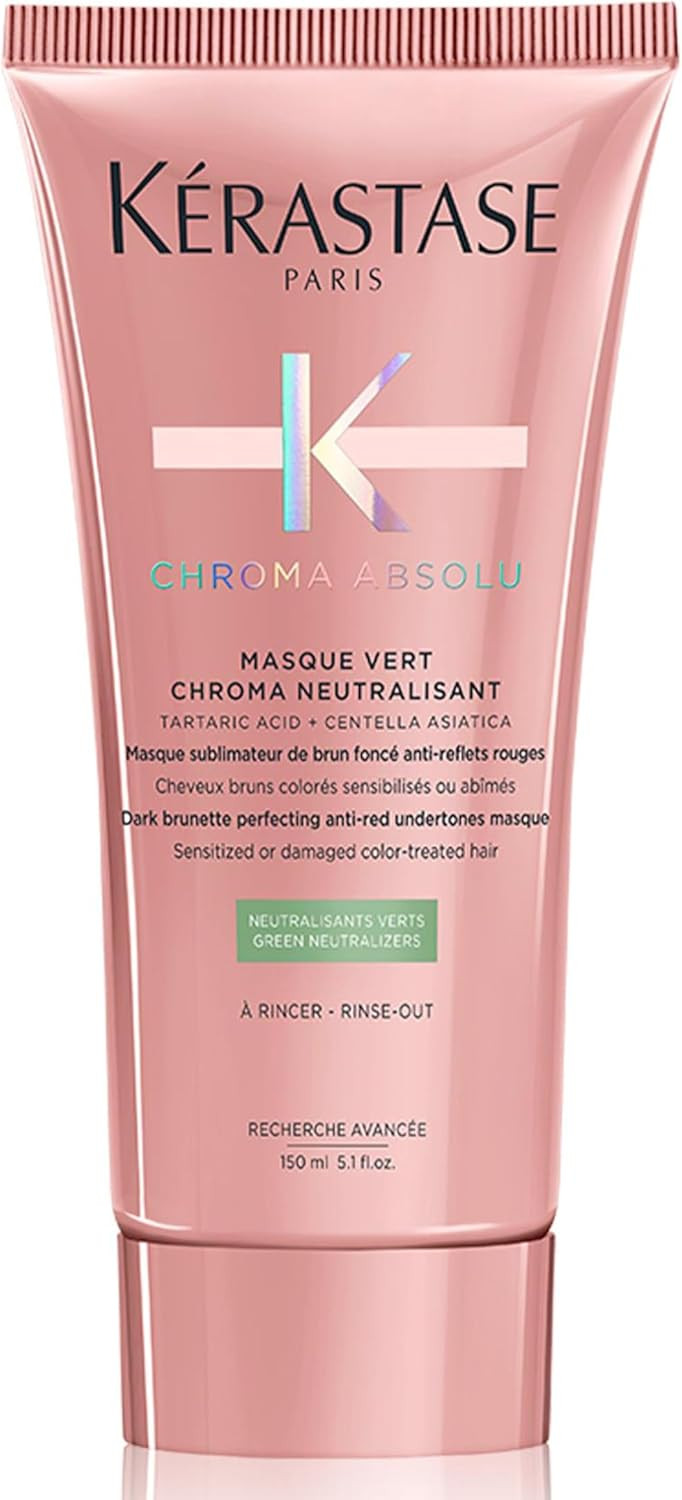 Kérastase Chroma Absolu, Softening and Strengthening Mask, Neutralising Red Tones, For Sensitised or Brown Colour-Treated Hair, with Lactic Acid, Masque Vert Chroma Neutralisant, 150 ml