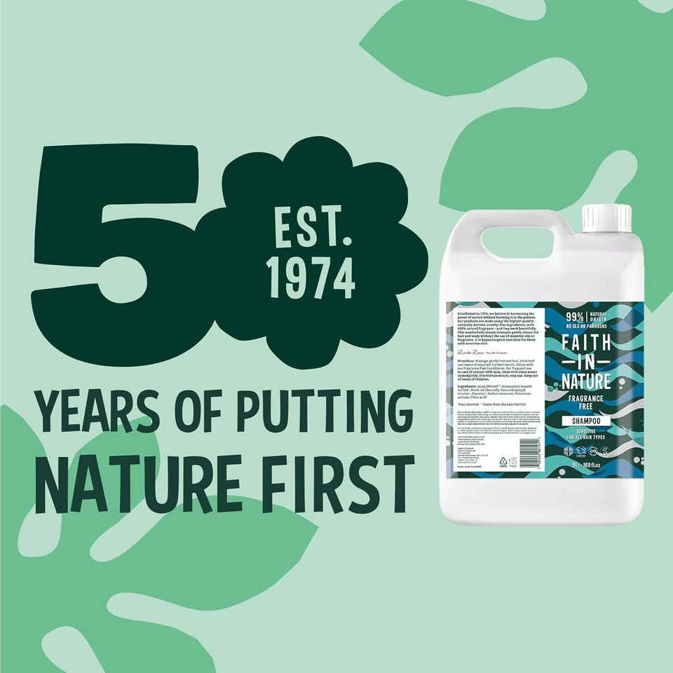 Faith In Nature Natural Fragrance Free Shampoo, Sensitive, Vegan and Cruelty Free, No SLS or Parabens, For All Hair Type, 5L Refill Pack