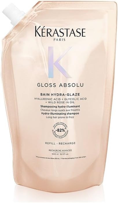 Kérastase Gloss Absolu Refill Pouch Shampoo for for All Hair Types, with Glycolic Acid, Hyaluronic Acid & Wild Rose 500ml