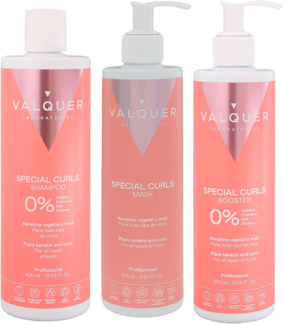 Valquer Special Curl Pack 400ml Shampoo 275ml Mask 300ml Activating Booster Curly Hair Treatment Curly Method Defined Curls Moisturizes Softens with Plant-Based Keratin and Corn Vegan