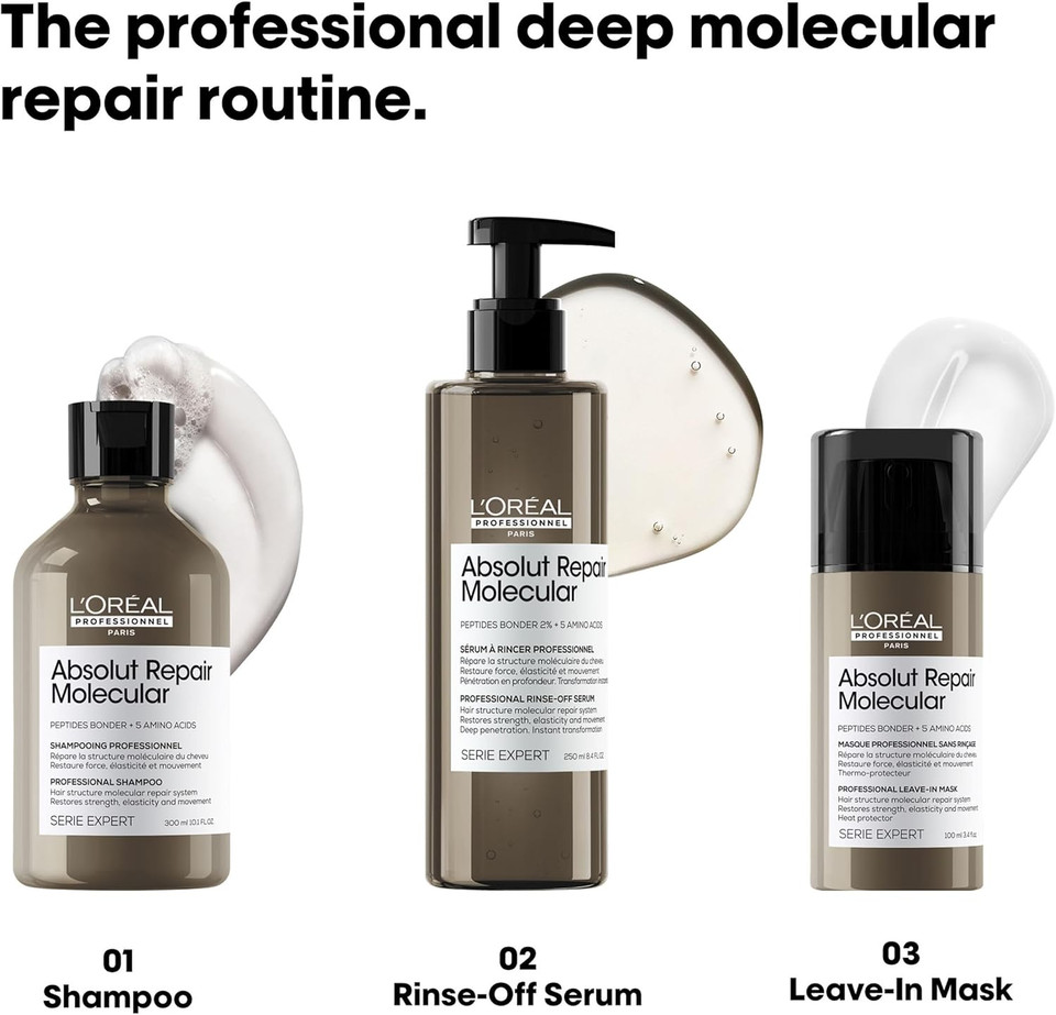 LOréal Professionnel Absolut Repair Molecular Sulphate Free Shampoo 300ml & Rinse Off Serum conditioner hair treatment, For Extremely Damaged Hair, Molecular Bond Repair, restore strength