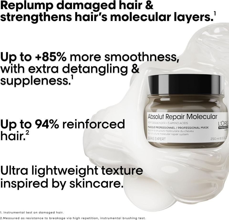 LOréal Professionnel Absolut Repair Molecular Sulphate Free Shampoo & Hair Mask conditioner set, For Extremely Damaged Hair, Molecular Bond Repair, restores strength & elasticity 300ml,250ml