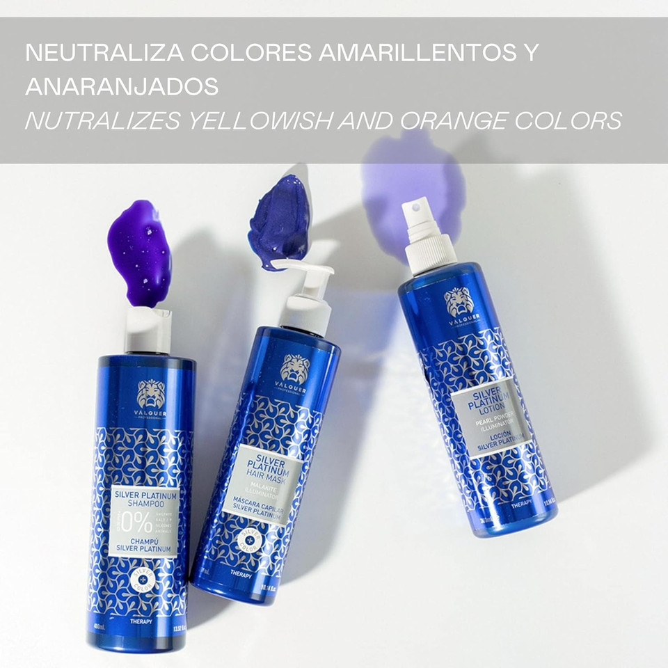 Valquer Silver Platinum Pack: Toning Shampoo 400 ml, Mask 275 ml, and Lotion 300 ml for white, gray, blonde, and gray hair. Ideal for bleached hair with malakite and panthenol. Vegan
