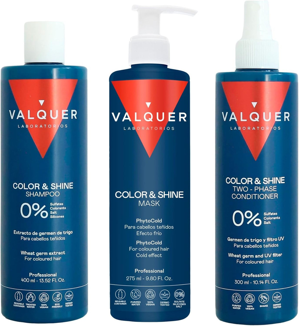 Valquer Color and Shine Enhancer Pack for Dyed Hair Moisturizes and Revitalizes. Shampoo 400 ml, Mask 275 ml and Biphasic Conditioner 300 ml Zero Formula with Wheat Germ Extract. Vegan