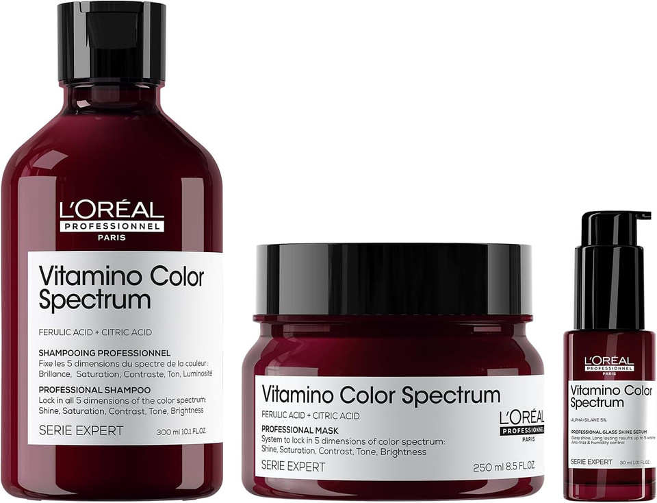 L'Oréal Professionnel Vitamino Color Spectrum Shampoo, Hair Mask and Glass Shine Serum 30ml, For coloured hair, With Ferulic Acid + Citric Acid, Lock in day 1 colour vibrancy for 100 days