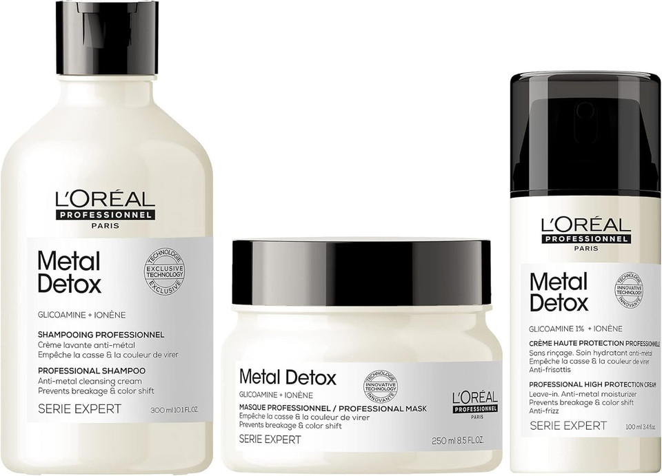 LOréal Professionnel Metal Detox Shampoo 300ml, Hair Mask 250ml & Leave-In Cream 100ml, Prevent Breakage & Colour Fade from hard water, for damaged, dull hair