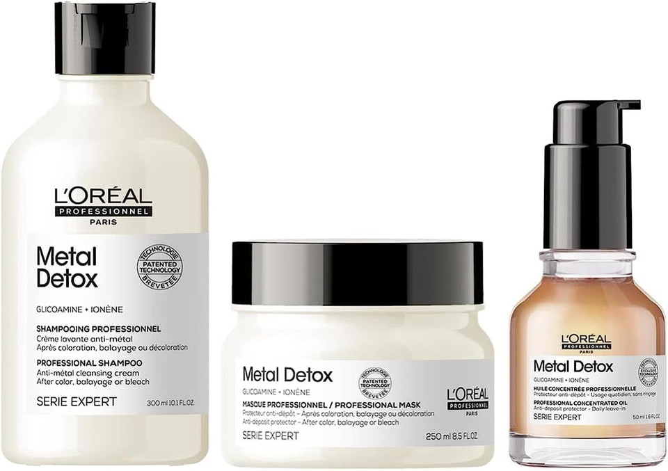 LOréal Professionnel Metal Detox Shampoo 300ml, Hair Mask 250ml & Leave-In Cream 100ml, Prevent Breakage & Colour Fade from hard water, for damaged, dull hair