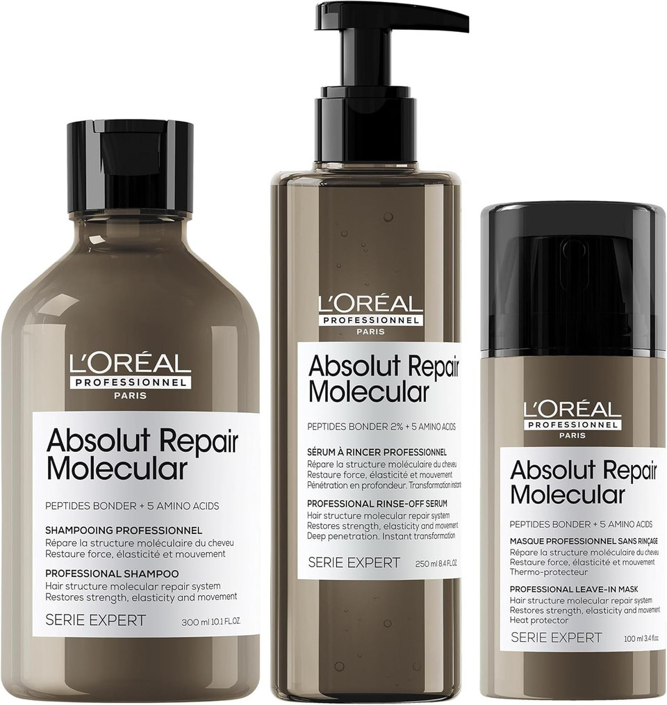 LOréal Professionnel Absolut Repair Molecular Shampoo, Rinse-Off Serum, and Leave-In Hair Mask For Extremely Damaged Hair Molecular Bond Repair 300ml, 250ml, 100ml