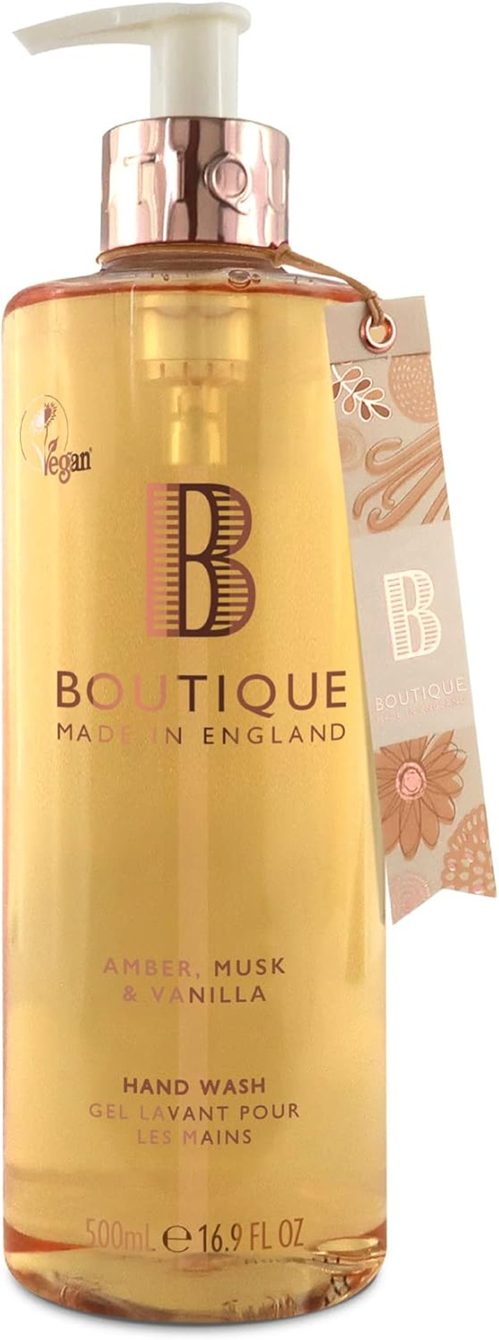 Boutique Amber, Musk & Vanilla Hand Wash 500ml Refreshing Liquid Soap - Essential Oils - Vegan and Cruelty Free, No SLS or Parabens - Made In England