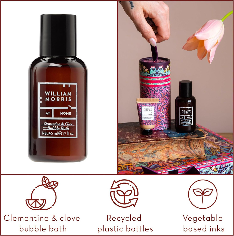 William Morris At Home Bird and Yare, Festive Drum With Bubble Bath 50ml and Hand Cream 15ml, Travel Size and Vegan Friendly, Beauty Christmas Gift and Stocking Filler