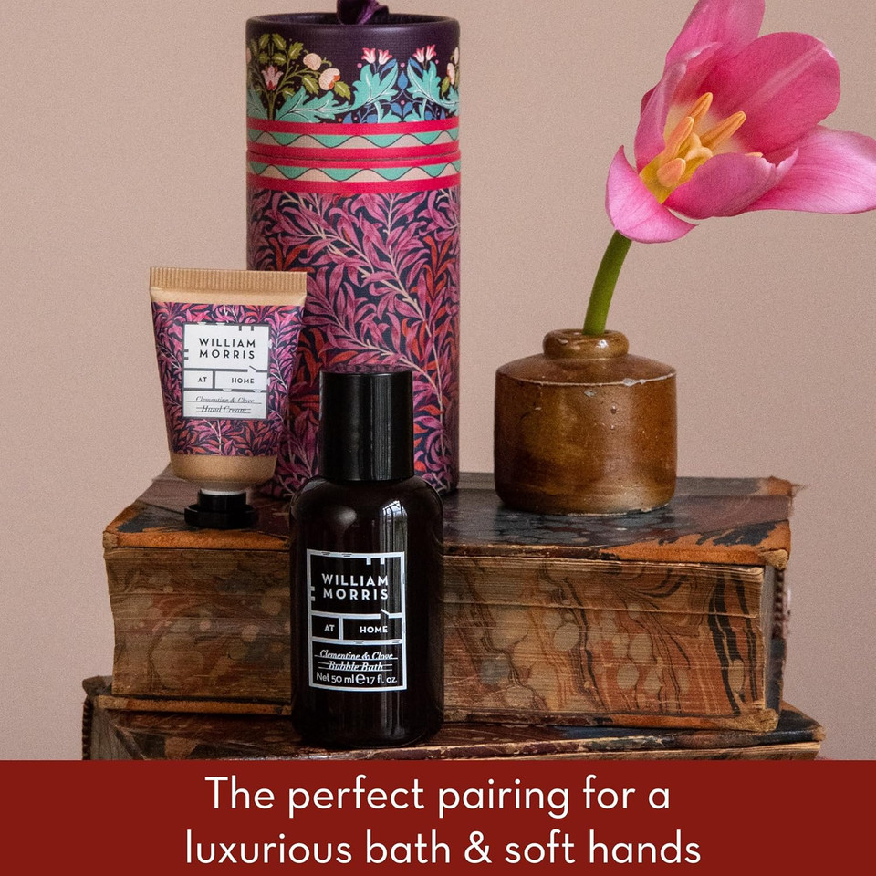 William Morris At Home Bird and Yare, Festive Drum With Bubble Bath 50ml and Hand Cream 15ml, Travel Size and Vegan Friendly, Beauty Christmas Gift and Stocking Filler