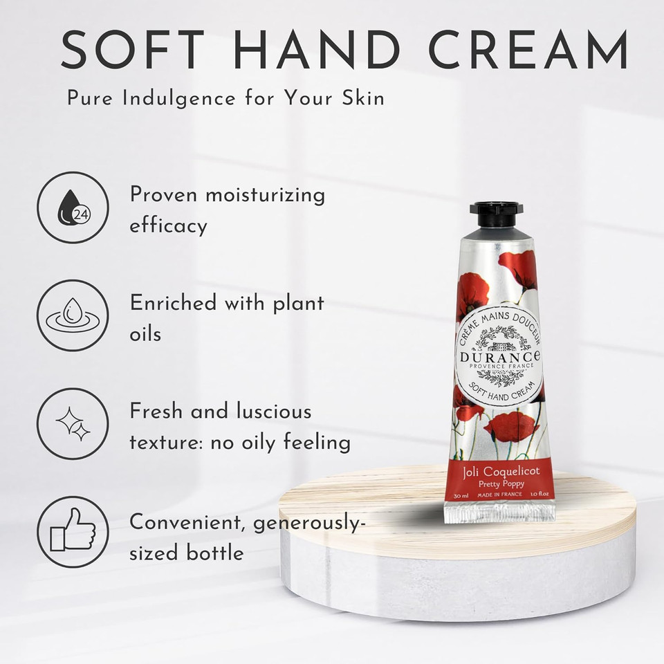 Durance Soft Hand Cream For Women (30ml) With Pretty Poppy Scent Enriched With Sweet Almond Oil | Womens Moisturising Cream For All Skin Types
