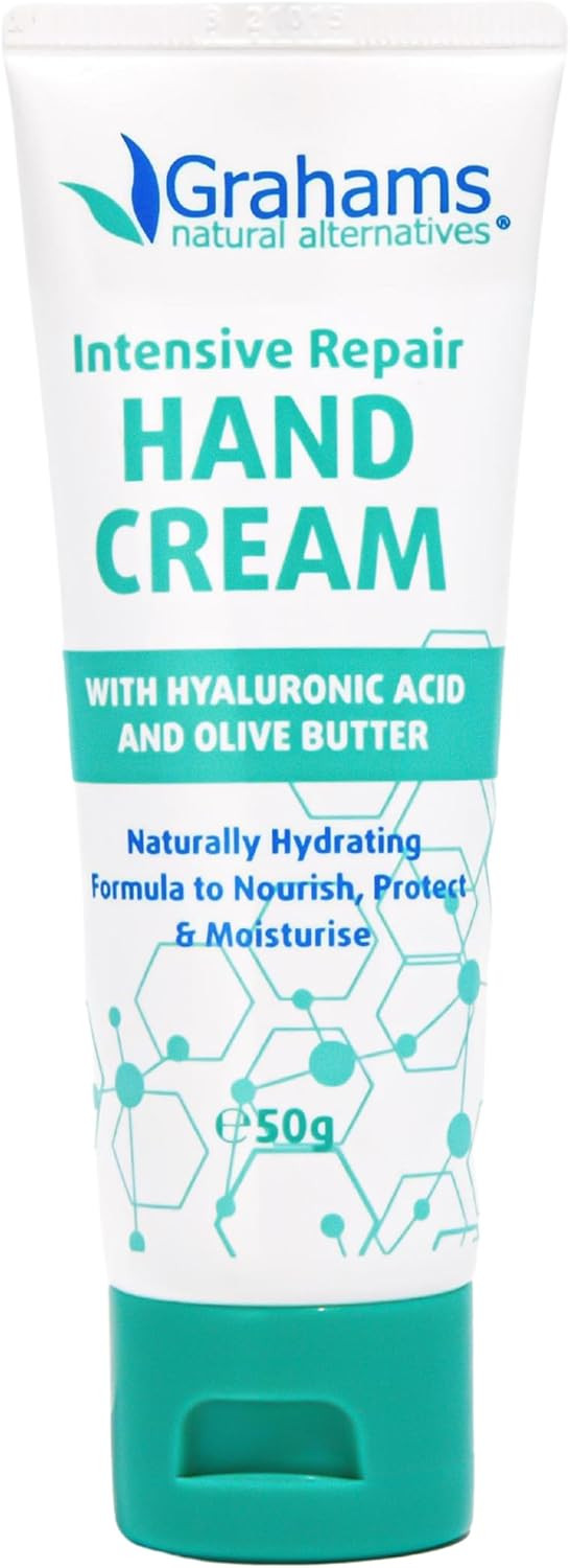 Grahams Natural Intensive Hand Repair Cream - Hand Cream for Very Dry, Cracked, Eczema Prone Skin - Itch Relief & Cracked Finger Tip Repair - With Hyaluronic Acid, Olive Butter & Vitamin E (50g)