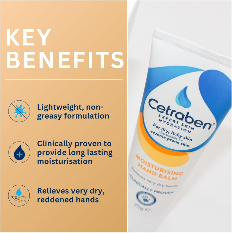 Cetraben Hand Balm for Dry & Eczema-Prone Skin, Clinically Proven Long-Lasting Moisturisation, Soothes Itching| Quick Absorbing, Contains Urea, For Daily Use, 1 x 75g (Pack of 2)