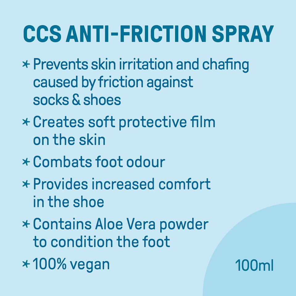 CCS Anti-Friction Foot Spray for increased comfort in the shoe - Prevents skin irritation and chafing caused by friction - 100ml (Pack of 2)