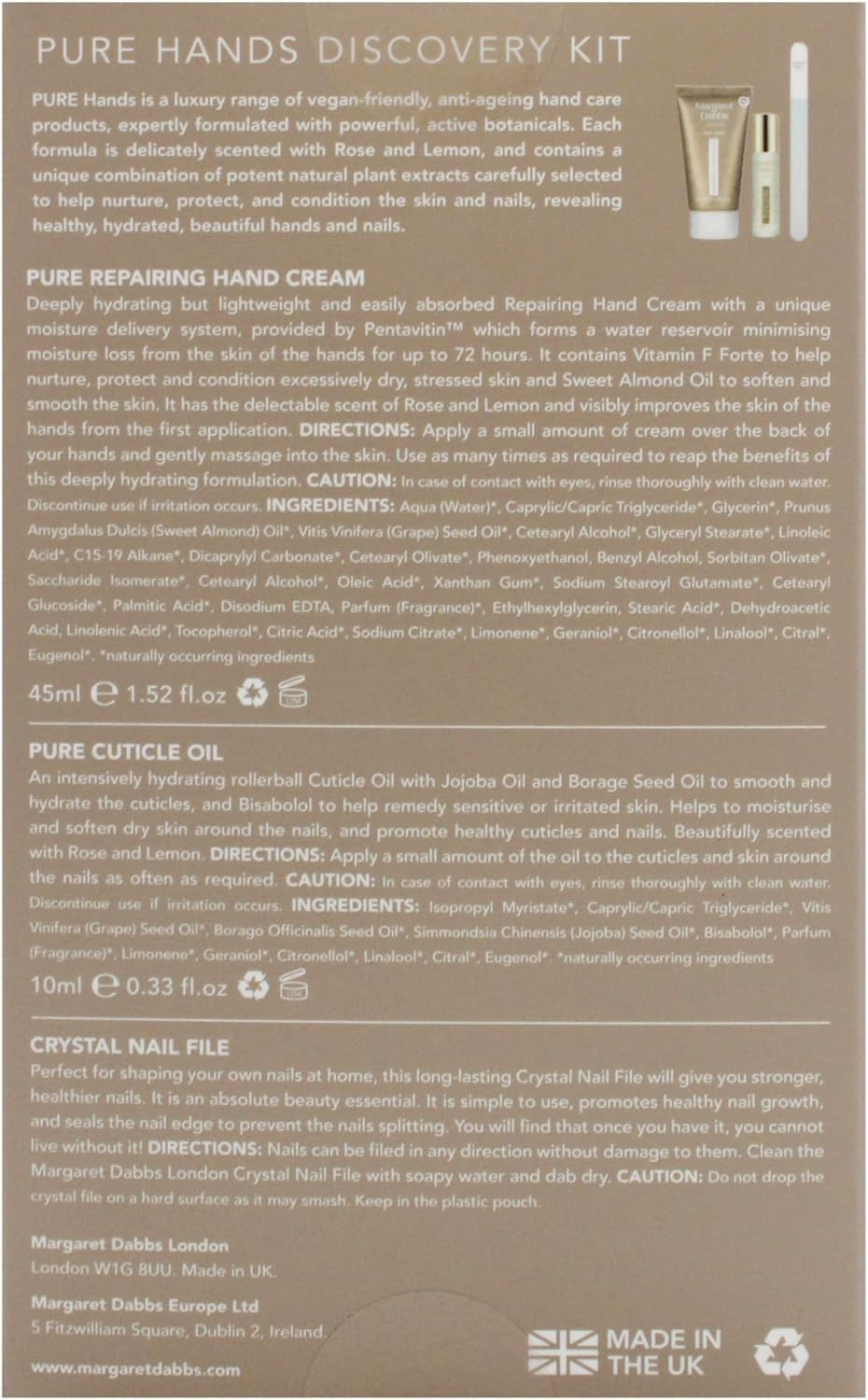 Margaret Dabbs Pure Hands Discovery Gift Set with 45ml Repairing Hand Cream, 10ml Cuticle Oil and Small Crystal Nail File