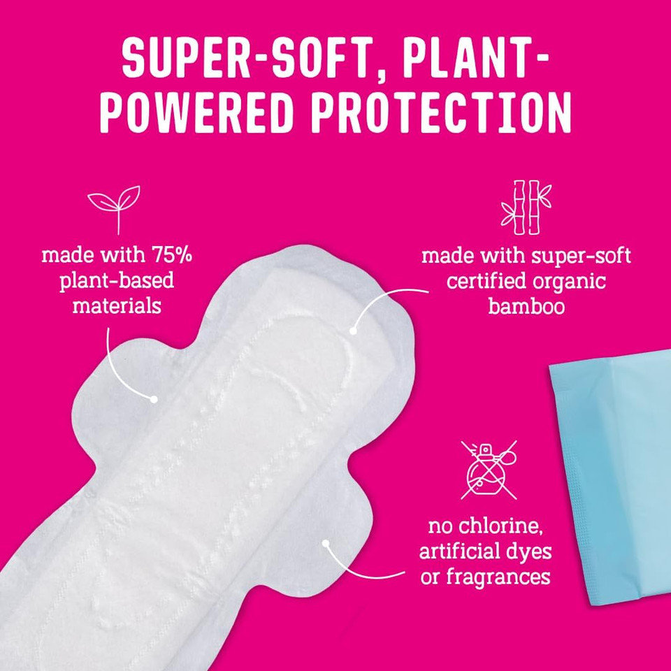 FLO Organic Bamboo Sanitary Towels with Wings  Ultra-Thin, Soft, Absorbent Period Pads for Leak-Proof Protection  14 Night Pads