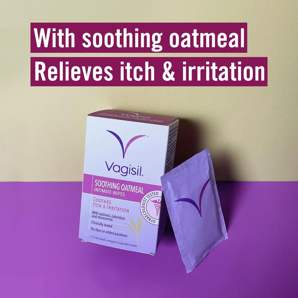 VAGISIL Soothing Oatmeal Intimate Wipes to soothe itch & irritation, Contains Tea Tree Oil, Gentle Enough For Daily Use,12 individually wrapped Wipes