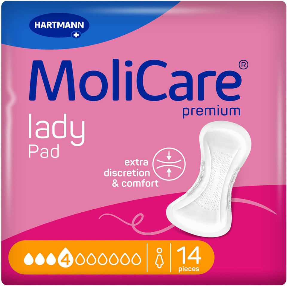 MoliCare Premium Lady Pad 4 Drops Extra-Long Incontinence Pads for Women with Moderate Bladder Weakness, Odour Neutraliser, Extra Leakage Protection, Advanced Skin Protection, 14 Pieces