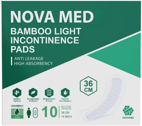 Nova Med Bamboo Light Incontinence Pads - Premium Absorbent Inco Pads for Maximum Protection & Hygiene - 10-Pack Long-Lasting Daily Use with 550ml Absorbency, Ultimate Comfort & Confidence